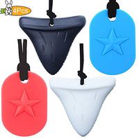 Chew Necklace Dog Tag and Shark by GNAWRISHING - 4-Pack - Perfect for Autistic, ADHD, SPD, Oral Motor Children, Kids, Boys, and Girls (Tough, Long-Lasting)……
