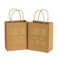 LaRibbons Medium Size Gift Bags - Gold Foil"Mr. and Mrs. Thank You" Brown Paper Bags with Handles for Wedding, Birthday, Baby Shower, Party Favors - 12 Pack - 8" x 4" x 10"