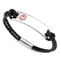 StickyJ USA Black Leather Medical Alert Bracelet 8.5 Inch with Free Engraving