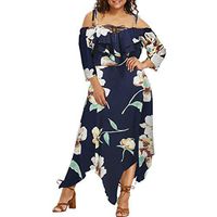 iLUGU Off Shoulder Dresses for Women Plus Size Floral Print Maxi Dress Lace Up Strap Dresses Navy