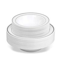 50 Disposable White Silver Rimmed Heavy Duty Plastic Bowls | 25 14 oz. Soup Bowls and 25 6 oz. Dessert/Appetizer Bowls | Premium Combo Disposable Dinnerware with Real China Design | Great for Parties