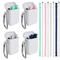4 Pack Reusable Silicone Collapsible Straws - Portable Drinking Straw with Carrying Case and Cleaning Brush, BPA Free - Blue Green Pink Grey