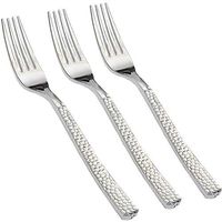 300pcs Silver Plastic Forks, Premium Disposable Forks Polished, Special Hammered Design, Perfect for Big Party, Wedding and Any Catering Events (Supernal)