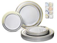 " OCCASIONS" 240 Plates Pack,(120 Guests) Heavyweight Premium Disposable Plastic Plates Set -120 x 10.5'' Dinner + 120 x 7.5'' Salad/Dessert (Lace in White & Gold)