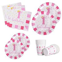 120PCS Girl First 1st Birthday Party Supplies Disposable Dinnerware Set Dinner Paper Plates Napkins Cups Decoration, Serves 24 (For 1st Birthday Pink)