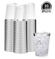 Clear Plastic Disposable Party Cups (100 Count) 10 Oz Silver Rim Cups - Fancy Reusable Plastic Tumblers, Silver, 10 Ounce