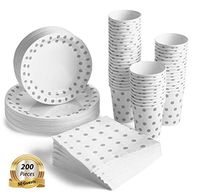 200 Pcs Serves 50, Silver Party Supplies Set | Disposable | No Flimsy Plates Or Leaky Cups | Polka Dot Disposable Paper Dinnerware | Includes Dinner Plates, Dessert Plates, Cups & 3-Ply Napkins
