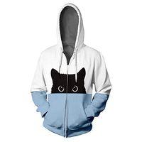 HIRIRI Couple Shirts Hoodie Cat Print Hooded Hip Hop Zipper Jacket Tops Color Block Long Sleeve Blouse Coat Sky Blue