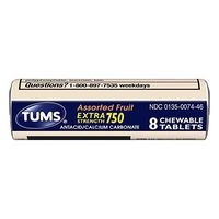 Tums Extra Strength 750, Assorted Fruit Flavor, Roll of 8 Chewable Tablets (Pack of 12)