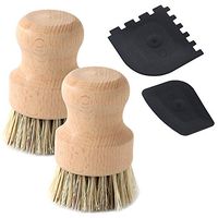 Set of 2 Packs Natural Fiber Pot Brush and 2 Packs of Plastic Grill Pot Scraper, DaKuan Durable Untreated Beechwood Handle with Heat Resistant Union Fiber Head
