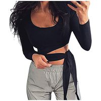 Sunhusing Ladies Sexy Round Neck Solid Color Long Sleeve T-Shirt Waist Bowknot Lace Up Sexy Navel Crop Tops(Black,S)