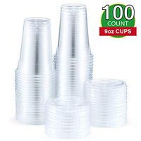 Eupako 9 oz Plastic Cups with Lids, 9 Ounce Clear Disposable Plastic Party Cups with Flat Lids, Cold Drink Cups Pack of 100