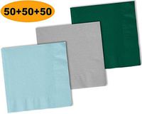 150 Beverage Napkins, Pastel Blue, Shimmering Silver, Hunter Green - 50 Each Color. 2 Ply Paper Cocktail Napkins. 5" folded, 10" unfolded.