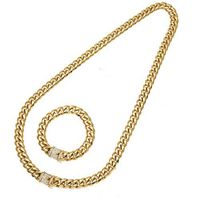 Nmch 10mm Cubano Stainless Steel Chain Necklace Bracelet Jewelry Sets Rhinestone Clasp Hip Hop Chain Necklaces (Gold)