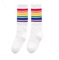 Flyusa 1 Pair Kids Girls Boys Rainbow Stripe Cotton Sport Tube Socks School Team Socks for 1-3 Years Old(Colorful Stripe White)