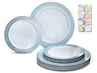 " OCCASIONS" 50 Plates Pack (25 Guests)-Wedding Party Disposable Plastic Plate Set -25 x 10'' Dinner + 25 x 7.5'' Salad/Dessert plates (Venice in White/Blue & Silver)