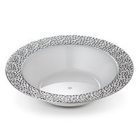 [8 Count - 12 Oz Bowls] Laura Stein Designer Tableware Premium Heavyweight Plastic White Soup Bowl with Silver Designed Border, Party & Wedding Plate Glitz Series Disposable Dishes