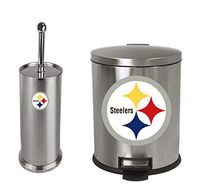 The Furniture Cove 2-Pc Set - 1.3 Gallon Stainless Steel Step Trash Can Waste Basket and Toilet Brush with Holder Featuring the Choice of Your Favorite Football Team Logo (Steelers)