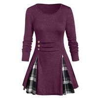 Aniywn Women's Long Sleeve Pullover Tunics Tops Crew Neck Button Plaid Pleated Hooded Sweatshirt Red