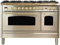 Ilve UPN120FDMPI Nostalgie Series 48 Inch Dual Fuel Convection Freestanding Range, 7 Sealed Brass Burners, 5 cu.ft. Total Oven Capacity in Stainless Steel, Brass Trim (Natural Gas)