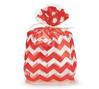 100ct Small RED & White Chevron Striped 7x2x3" Cello Party Treat Food Snack Bags