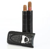 Black Leather Cigar Case Holder for 2 Cigars with Cutter Set – Perfect Size for Shirt Pockets Golf Cart or Travel