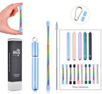 Wavy Pavement - Baby Blue - Rainbow Straw - Reusable Collapsible Metal Stainless Steel Drinking Straw With Case, 2 Silicone Tips, Keyring, Carabiner, Cleaning Brush, Folding, Portable - Eco Friendly