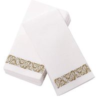 100 Disposable Guest Napkins | Soft and Absorbent Linen-Feel Paper Hand Napkins | Durable Decorative Bathroom Hand Napkins | Good for Kitchen, Parties, Weddings, Dinner or Events |White and Gold