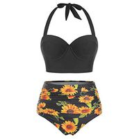 Baiggooswt Bathing Suit,Women Halter Sunflower Print High Waist Crop Tops Two Piece Swimwear Tummy Control Beach Swimsuits Black