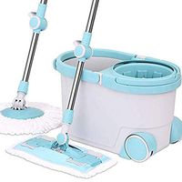 SPLY DTEM Rotary mop bucket system, stainless steel 360 rotary mop, 2 lengthened handles and microfiber mop heads, buckets with wheels, for household kitchen floor cleaning, wet and dry