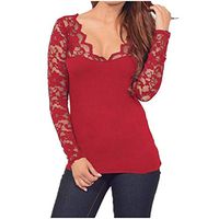 Sunhusing Ladies Sexy Hollow-Out Lace Trim Loose V-Neck Stitching Long Sleeve Tops Slim Pullover T-Shirt(Red,XL)