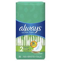 Always Ultra Thin, Size 2, Super Pads with Wings, Unscented, 32 Count
