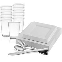 Disposable Plastic Dinnerware Set for 120 Guests - Includes Fancy Square White Dinner Plates, Dessert/Salad Plates, Silverware Set/Silver Cutlery & Cups For Wedding, Birthday Party & Other Occasions