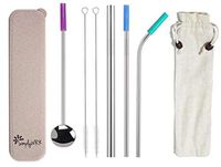 Silver Stainless Steel Straw Set 4 Straws, Reusable, Eco Friendly Set with Standard, Bent, Spoon & Smoothie/Boba Tea Straw, 2 Cleaning Brushes, Wheat Fibre Carry Case for Home, Office or Travel