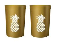 Pineapple Party Cups, Set of 12 Pink or Gold 16oz Stadium cups Perfect for Hawaiian Party, Luau Party, Tropical Party, (Metallic Gold)