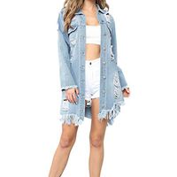 Alangbudu Women Streetwear Denim Windbreaker Jacket Ripped Distressed Worn Tassel Hem Jean Cowboy Long Sleeve Overcoat