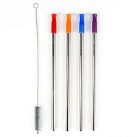 EcoVessel Set of 4 Reusable Stainless Steel, 9 Inch Straws with Silicone Tips Plus Straw Cleaner