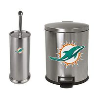 The Furniture Cove 2-Pc Set - 1.3 Gallon Stainless Steel Step Trash Can Waste Basket and Toilet Brush with Holder Featuring the Choice of Your Favorite Football Team Logo (Dolphins)