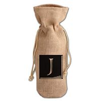"J" Classic Tile Monogram Letter J Jute Burlap Wine Drawstring Bag