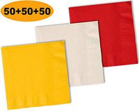 150 Beverage Napkins, Sunshine Yellow, Ivory, Red - 50 Each Color. 2 Ply Paper Cocktail Napkins. 5" folded, 10" unfolded.