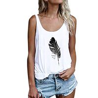 Jophufed Women Feather Print Top Vest Blouse Sleeveless Crop T-Shirt Cute Loose Blouse Camis White