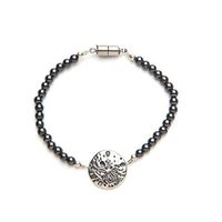 Silver Sand Dollar Black Magnetic Therapy Bracelet (Size Small - 7")