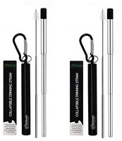Collapsible Straw Reusable Stainless Steel Straw in Metal case - Travel Portable Retractable Drinking Telescopic Straws with Keychain, Cleaning brush and Silicone tip (Black/Silver, 2 pack)