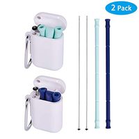 [2 Pack] Reusable Silicone Collapsible Straws with Portable Keychain Carrying Case - Extra Long 10 inch Bendy Foldable Drinking Straw with Cleaning Brush for Travel BPA Free (10 inch)