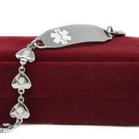 Medical Alert Bracelet for Women with Free Custom Engraving, Steel Heart-Link Chain CZ Stone, White Medic ID | Wrist Size 10 inch