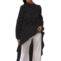 Meikosks Women's Lace Hollow Out T-Shirt Irregular Hem Blouses Long Sleeve Tops Solid Color Pullover Black