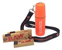 Bundle - 5 Items - RAW Natural 1 1/4 Rolling Papers (2 Packs), RAW Tips (1 Pack), Chrontainer Storage Container (Orange) with Rolling Paper Depot Lanyard