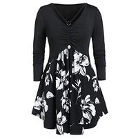 HNTDG Plus Size Blouses for Women Floral Printed Tunics Shirts V-Neck Long Sleeve Ruched Tops Blouse Black
