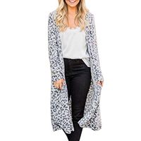 HNTDG Women Leopard Cardigan Long Sleeve Casual Knitting Open Front Warm Sweater Outwear Tops Trench Coat Gray