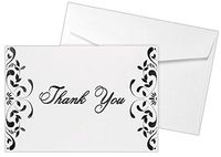 A1 Folded Notecard and Envelope Set (3 3/8 x 4 7/8) - 100lb. Bright White w/Black Floral Printed Thank you (50 qty) | Perfect for sending hand written Wedding, Birthday or Holiday Thank You Cards |